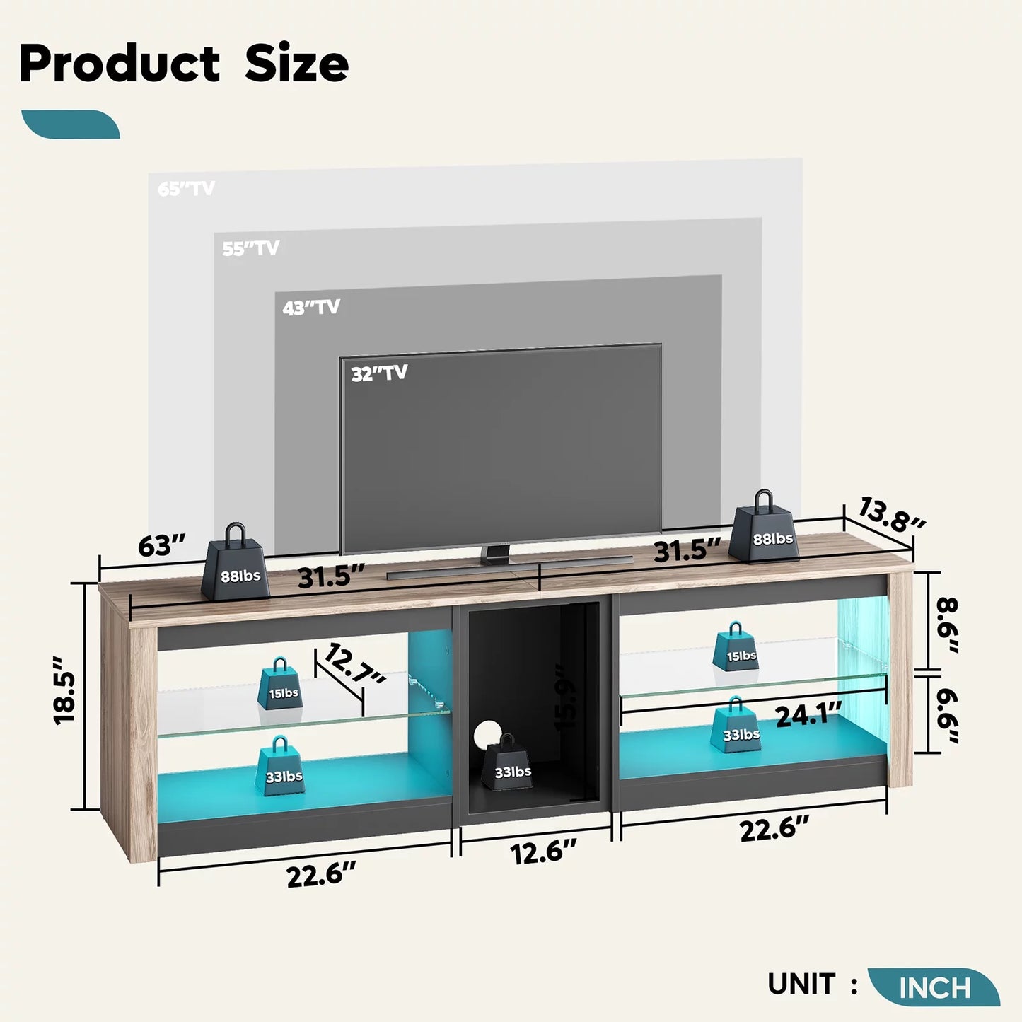 TV Stand for Tvs up to 70", Console Table with RGB LED Lights and Storage Cabinet, Pinewood