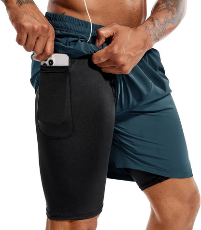 Men'S 2 in 1 Running Shorts 5 in or 7 in Quick Dry Gym Athletic Workout Shorts for Men with Phone Pockets