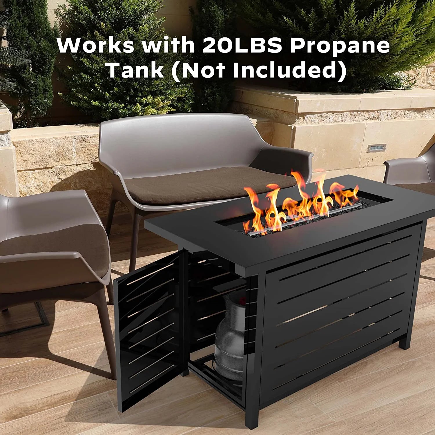 43" Propane Fire Pits for outside 60,000 BTU Gas Fire Pit Table for outside with Lid , Glass Beads, Cup Holders, Hanging Shelf & Nylon Cover, Rectangle