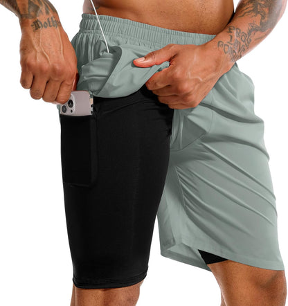 Men'S 2 in 1 Running Shorts 5 in or 7 in Quick Dry Gym Athletic Workout Shorts for Men with Phone Pockets