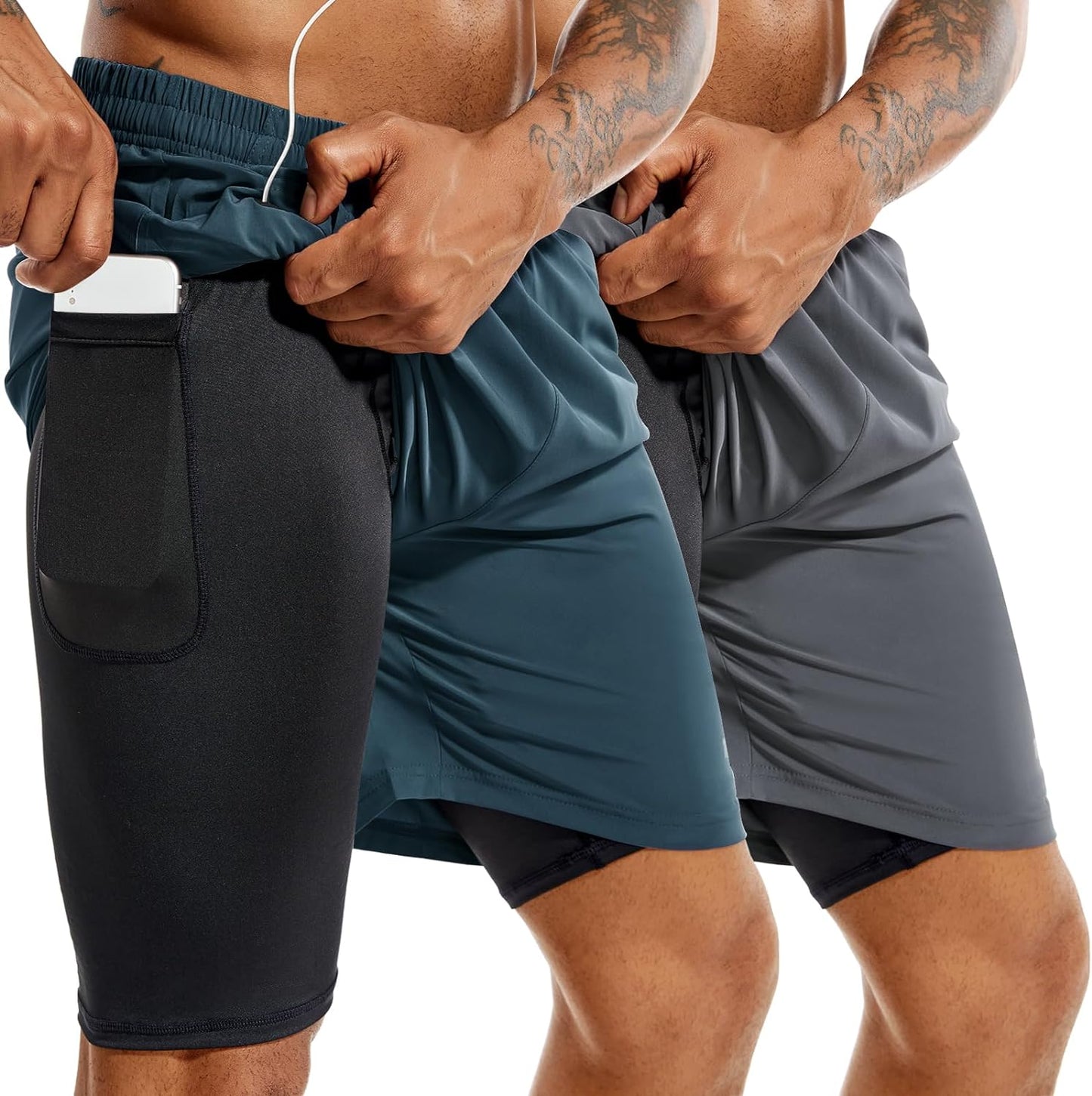 Men'S 2 in 1 Running Shorts 5 in or 7 in Quick Dry Gym Athletic Workout Shorts for Men with Phone Pockets