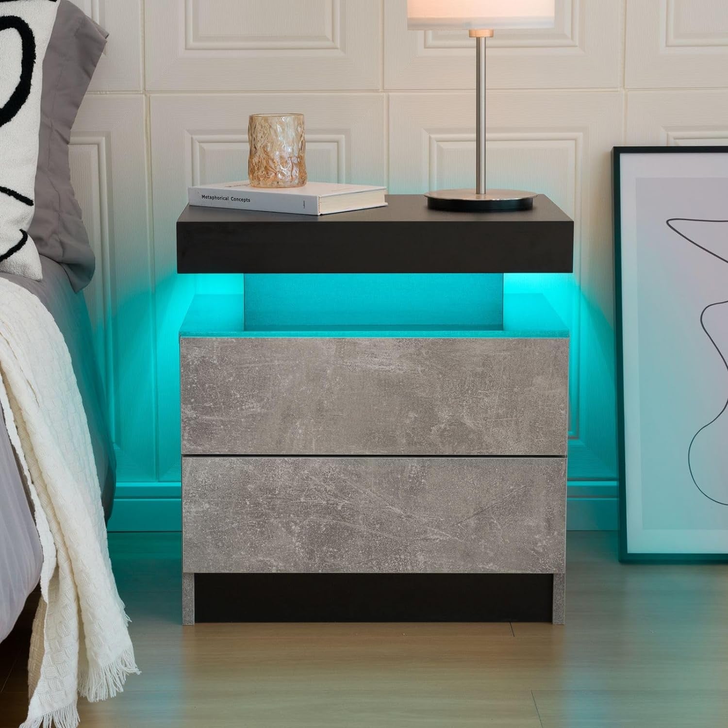 Stylish Bedside Table with LED Lights & 2 Drawers - Perfect Nightstand for Bedroom & Living Room