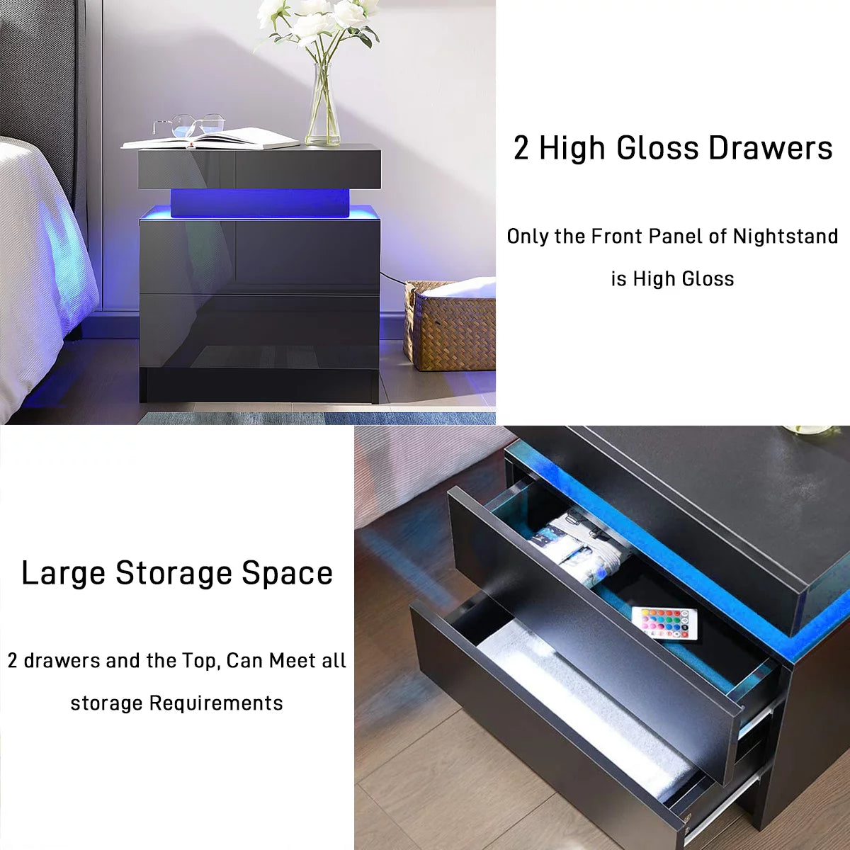 2 Drawer Modern Nightstand with RGB LED Light High Gloss Bedside Tables for Bedroom Black