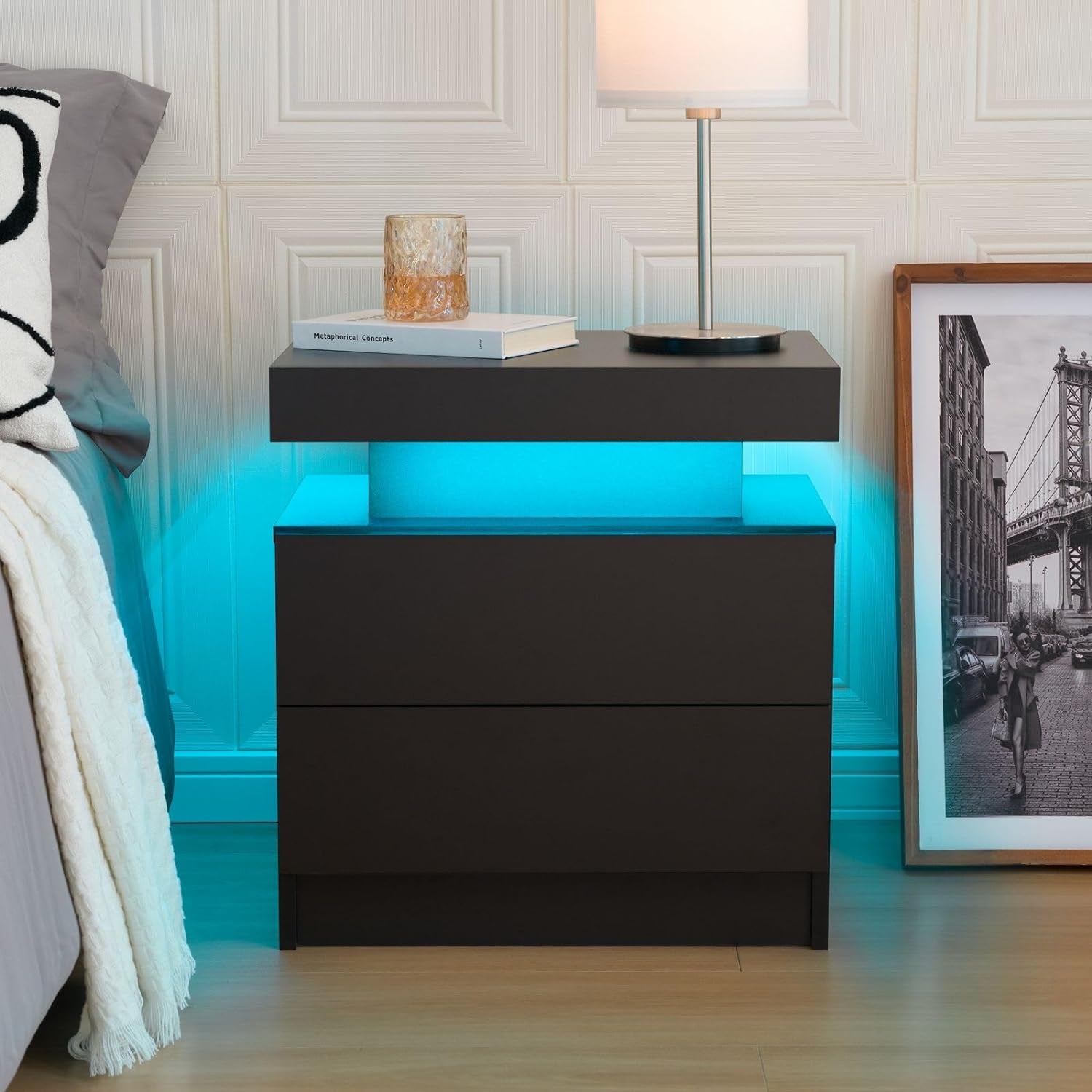 Stylish Bedside Table with LED Lights & 2 Drawers - Perfect Nightstand for Bedroom & Living Room