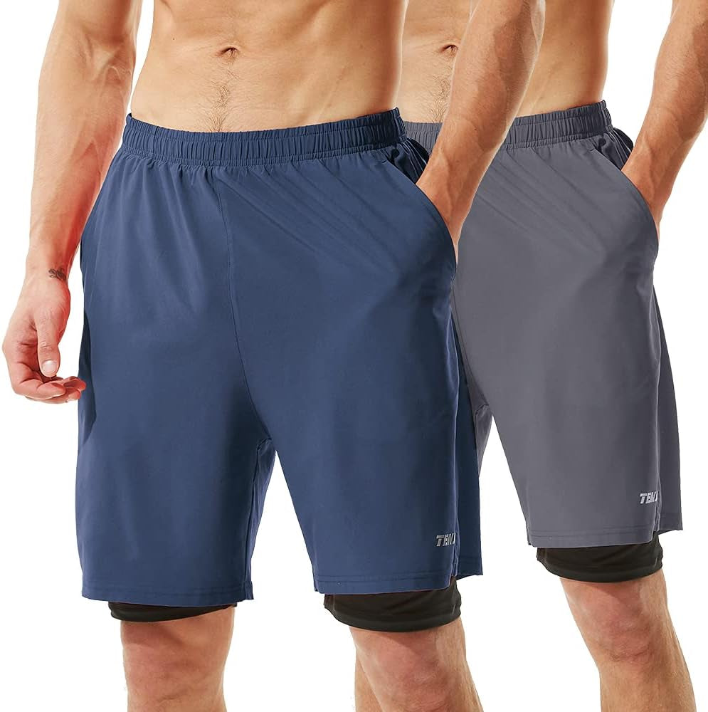 Men'S 2 in 1 Running Shorts 5 in or 7 in Quick Dry Gym Athletic Workout Shorts for Men with Phone Pockets