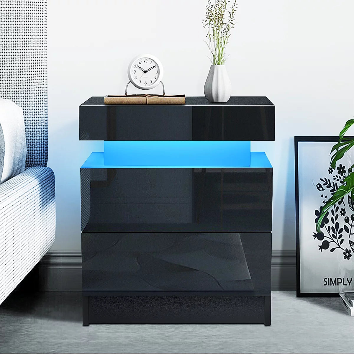 2 Drawer Modern Nightstand with RGB LED Light High Gloss Bedside Tables for Bedroom Black