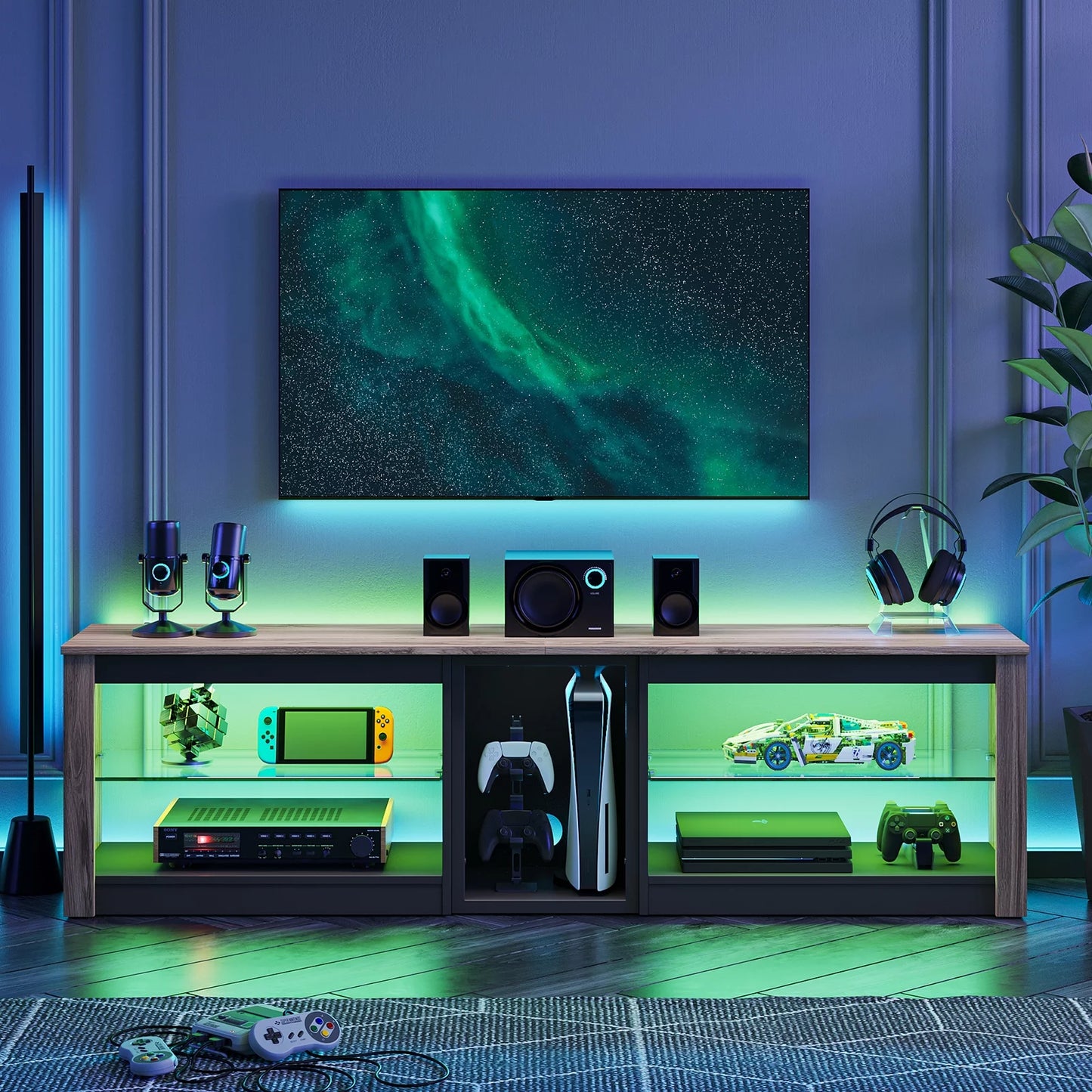 TV Stand for Tvs up to 70", Console Table with RGB LED Lights and Storage Cabinet, Pinewood