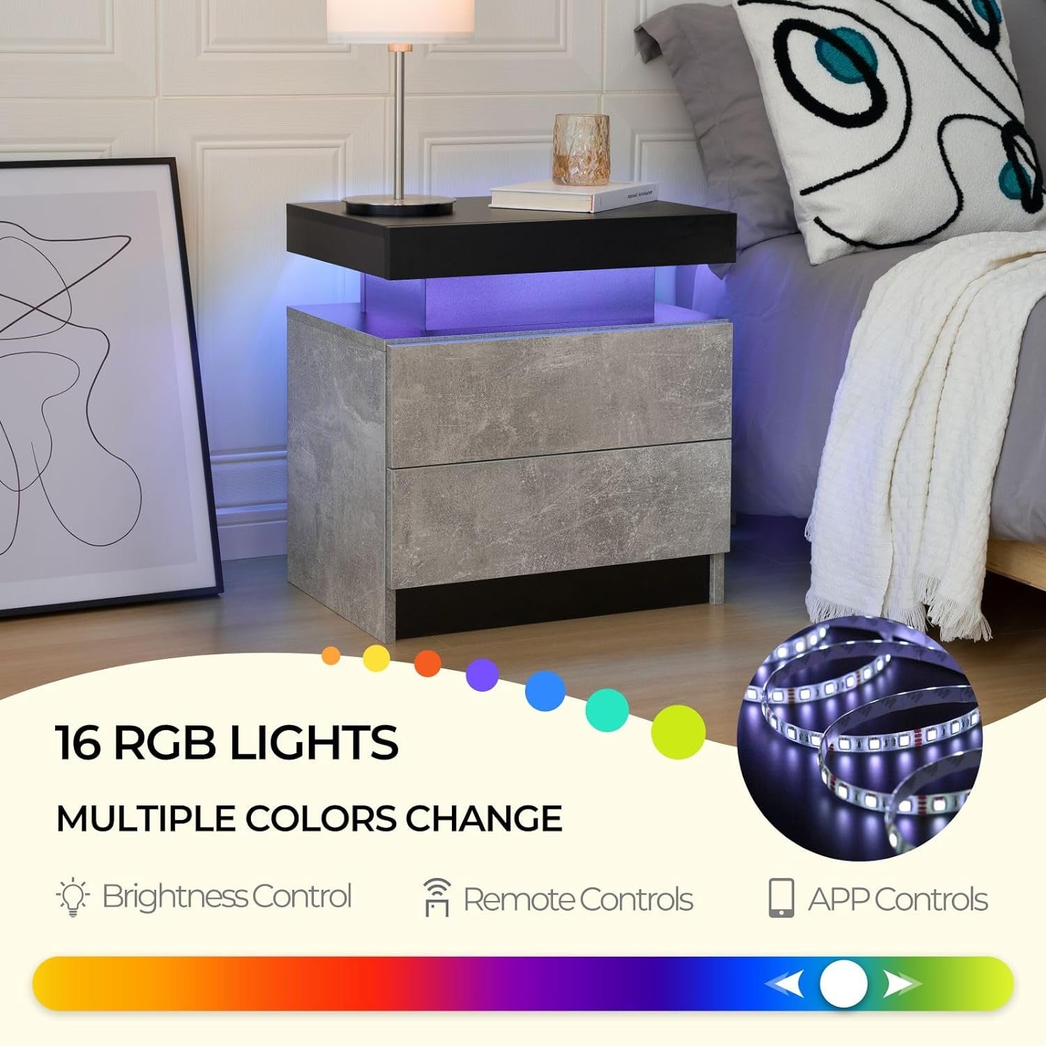 Stylish Bedside Table with LED Lights & 2 Drawers - Perfect Nightstand for Bedroom & Living Room