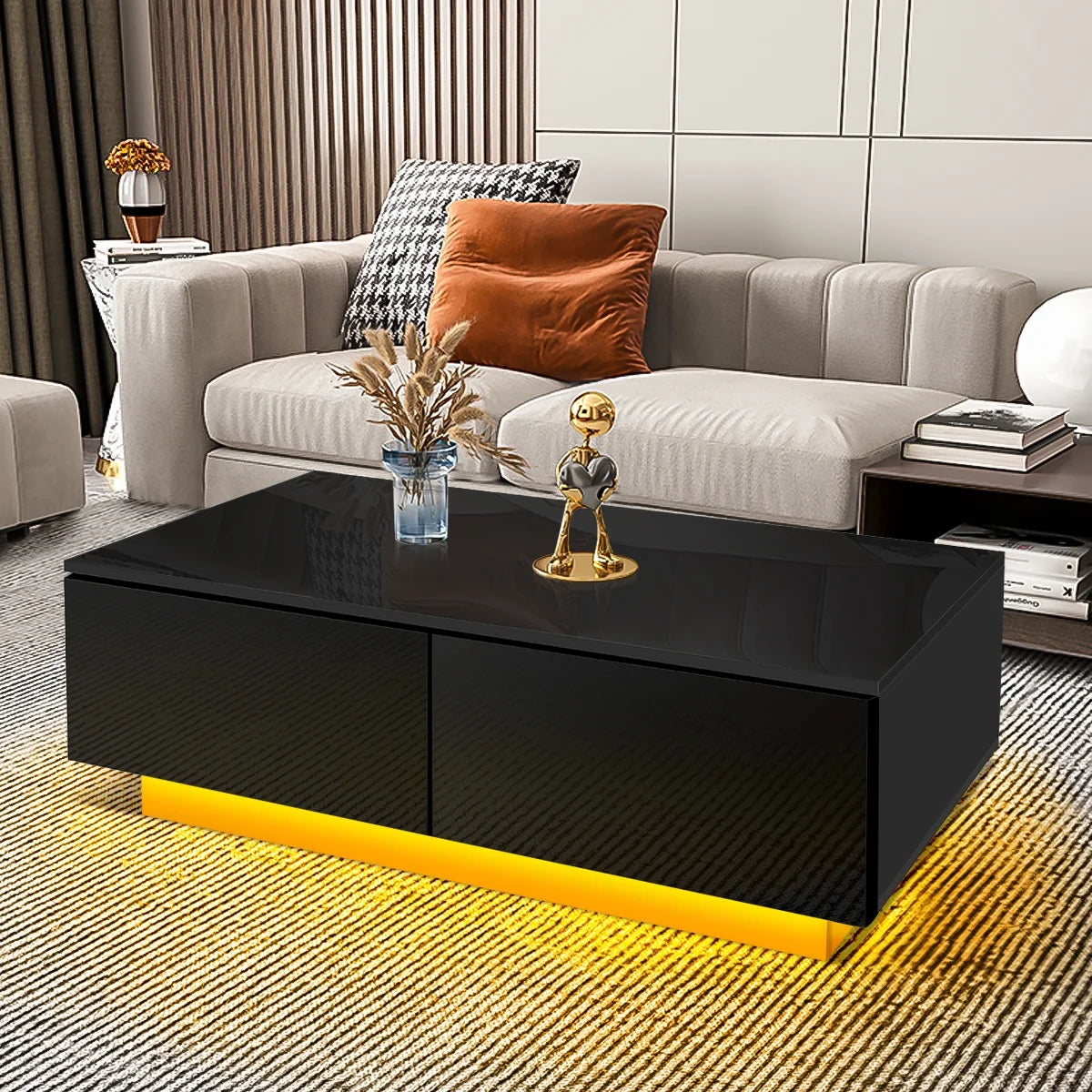 LED Coffee Table with 4 Drawers Center Cocktail Side Table Black High Gloss Finish