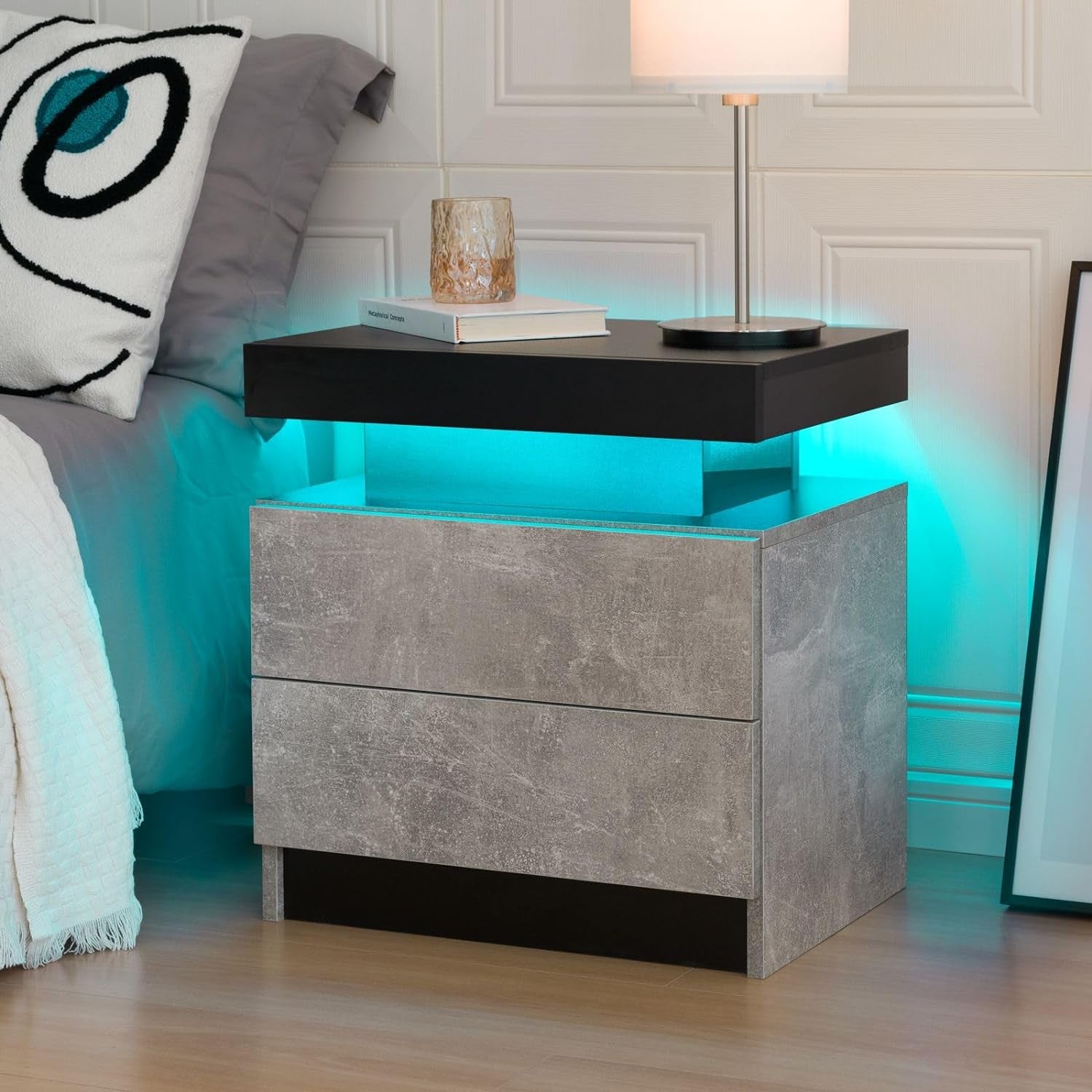 Stylish Bedside Table with LED Lights & 2 Drawers - Perfect Nightstand for Bedroom & Living Room