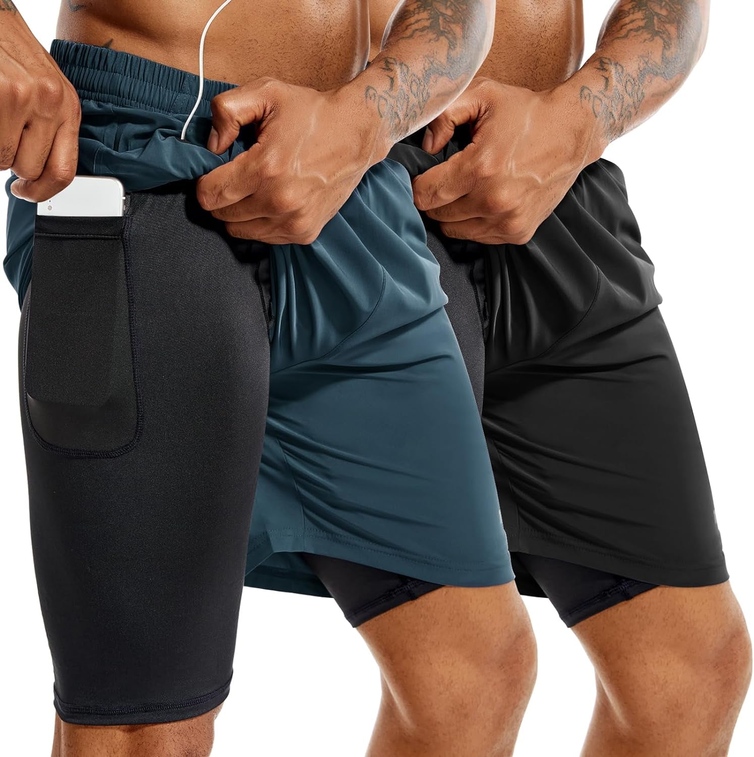 Men'S 2 in 1 Running Shorts 5 in or 7 in Quick Dry Gym Athletic Workout Shorts for Men with Phone Pockets