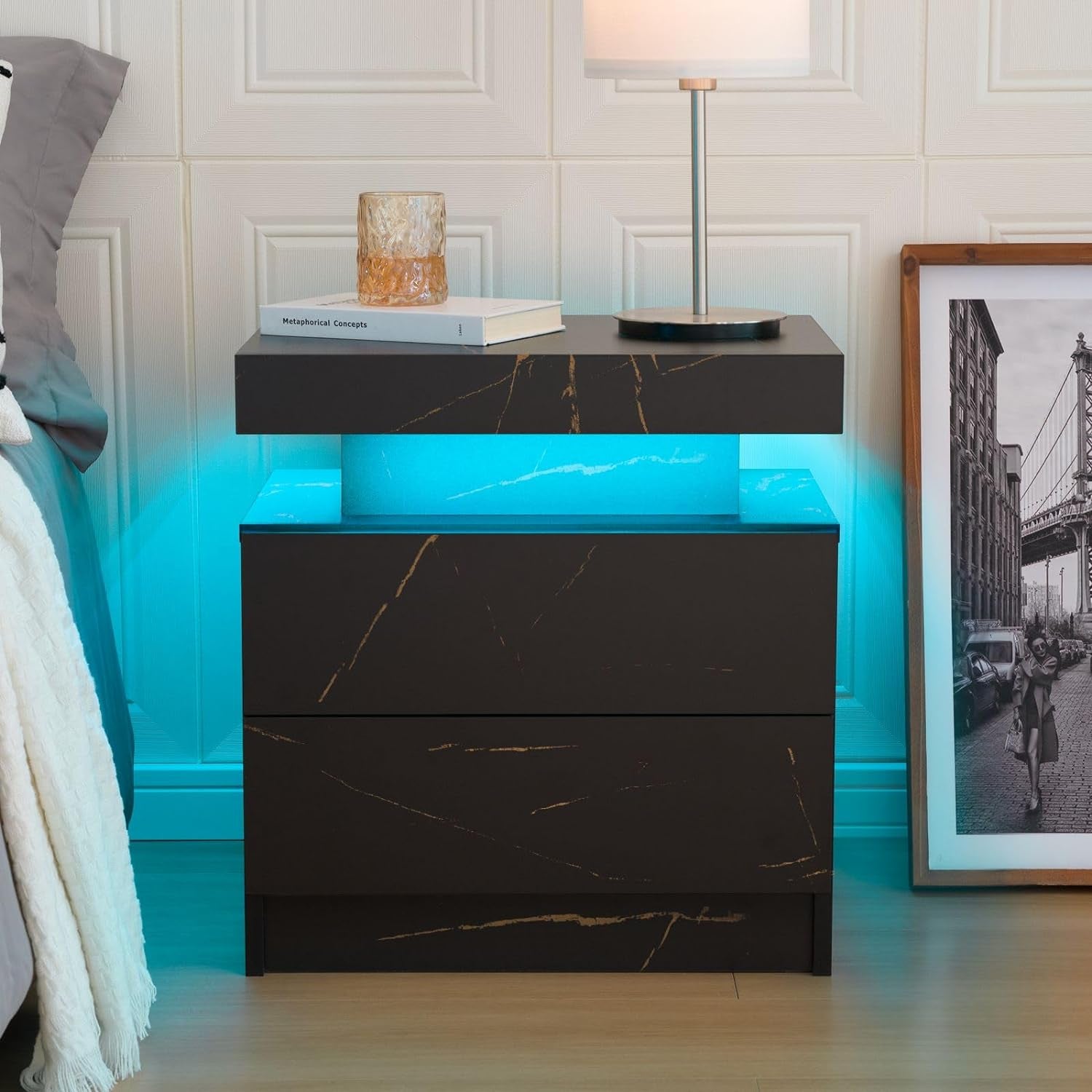 Stylish Bedside Table with LED Lights & 2 Drawers - Perfect Nightstand for Bedroom & Living Room