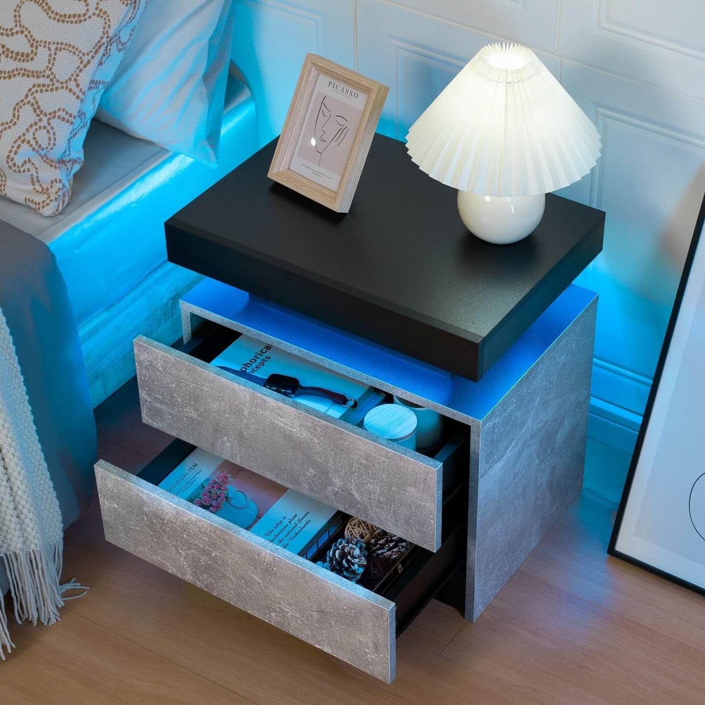 Stylish Bedside Table with LED Lights & 2 Drawers - Perfect Nightstand for Bedroom & Living Room