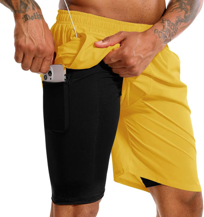 Men'S 2 in 1 Running Shorts 5 in or 7 in Quick Dry Gym Athletic Workout Shorts for Men with Phone Pockets